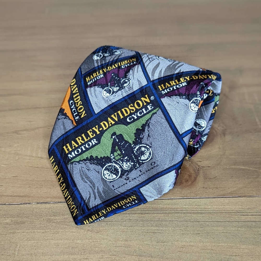 Harley Davidson Motorcycles 1910 Men Tie Vintage 90s Ralph Marlin Silk Bikercore